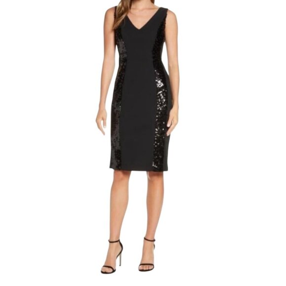 Vince Camuto Black Sequin V-Neck Sheath Cocktail Dress Sz 14 - Picture 1 of 12